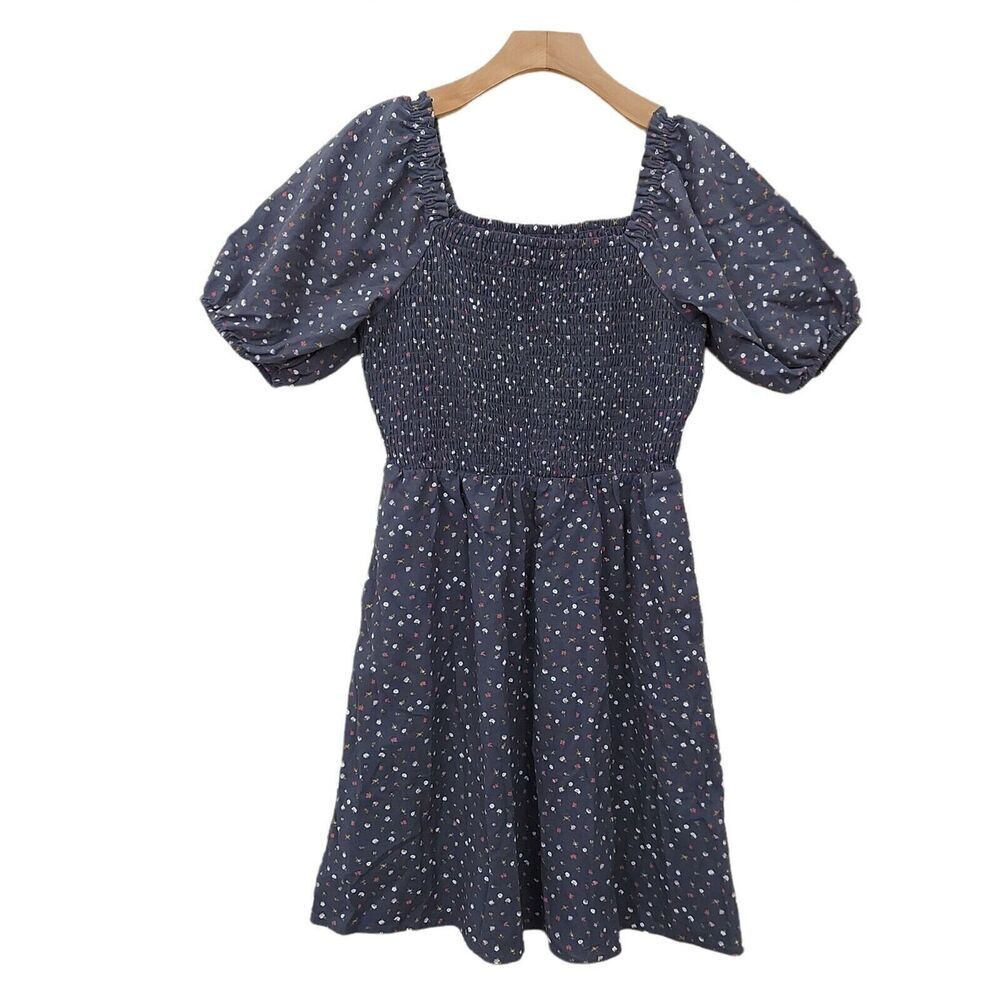 Universal Thread Dress Womens Small Gray Floral Square Neck Shirred Bohemian